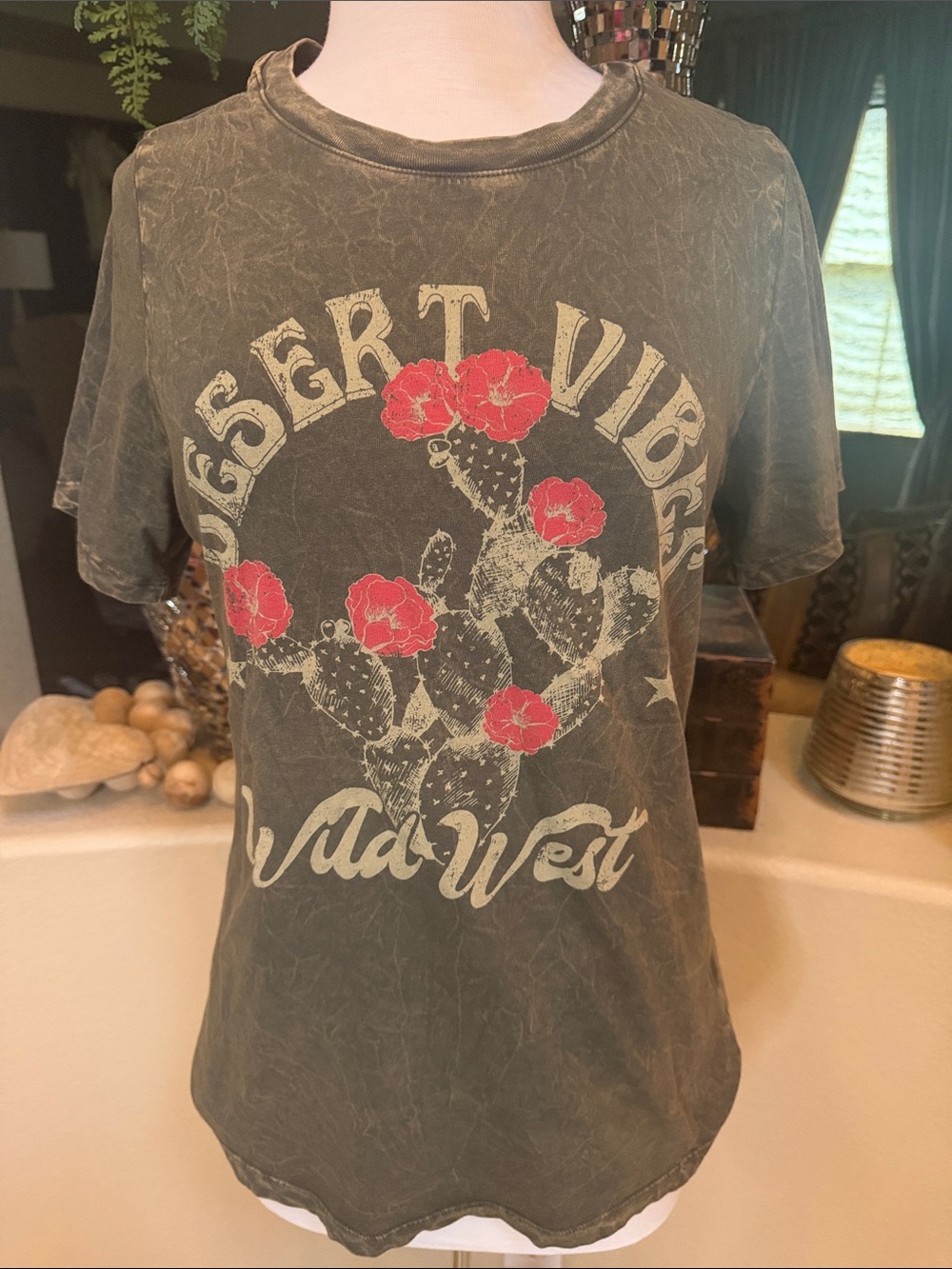 Desert Vibes Wild West Cactus Graphic Tee - Olive & Red Cotton